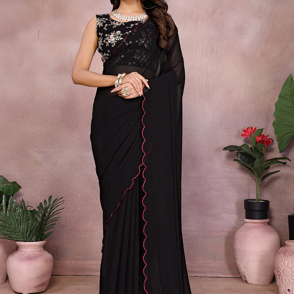 Vellora Black Georgette Sequin Work Party Wear Saree