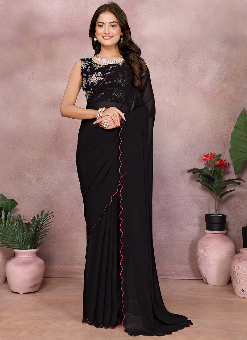 Vellora Black Georgette Sequin Work Party Wear Saree