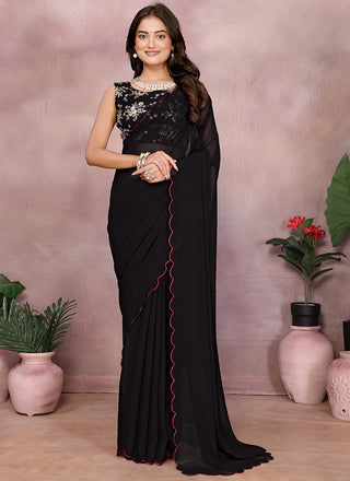 Vellora Black Georgette Sequin Work Party Wear Saree