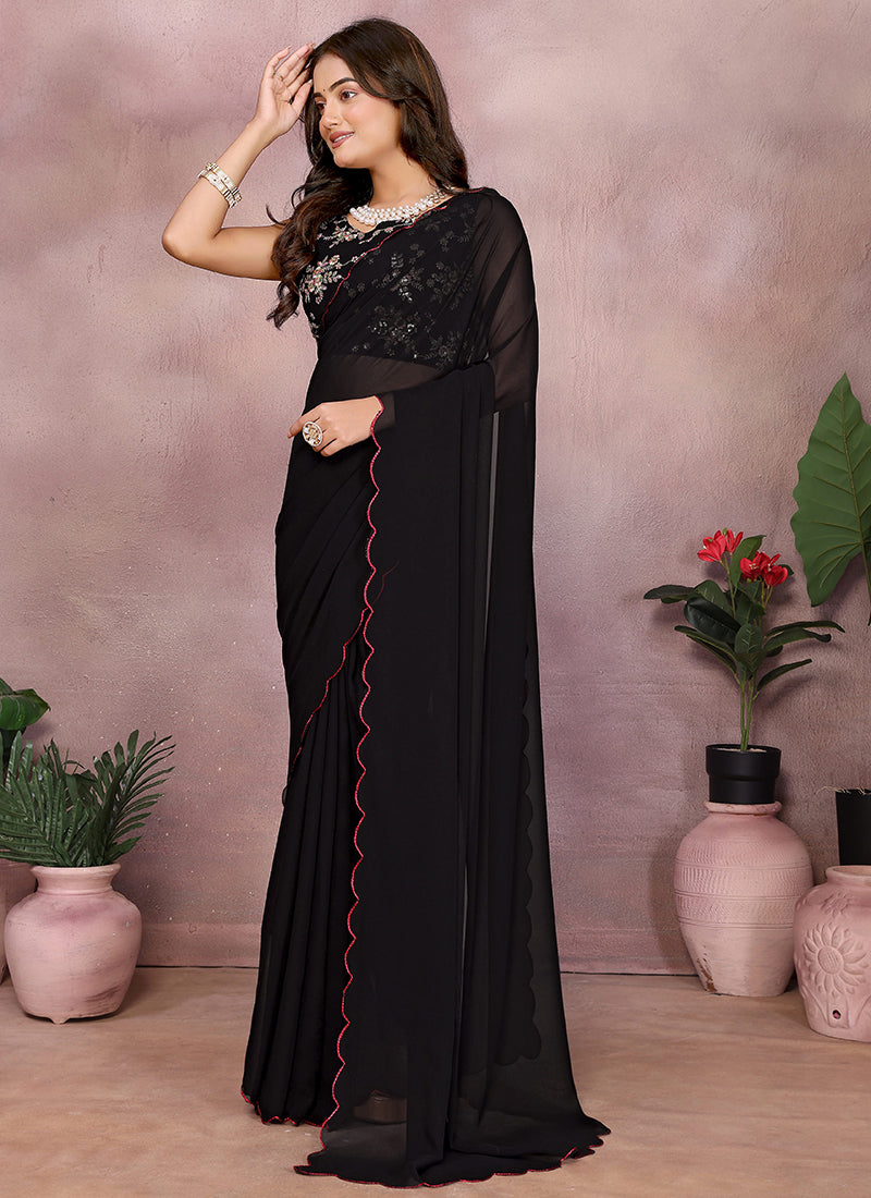 Vellora Black Georgette Sequin Work Party Wear Saree
