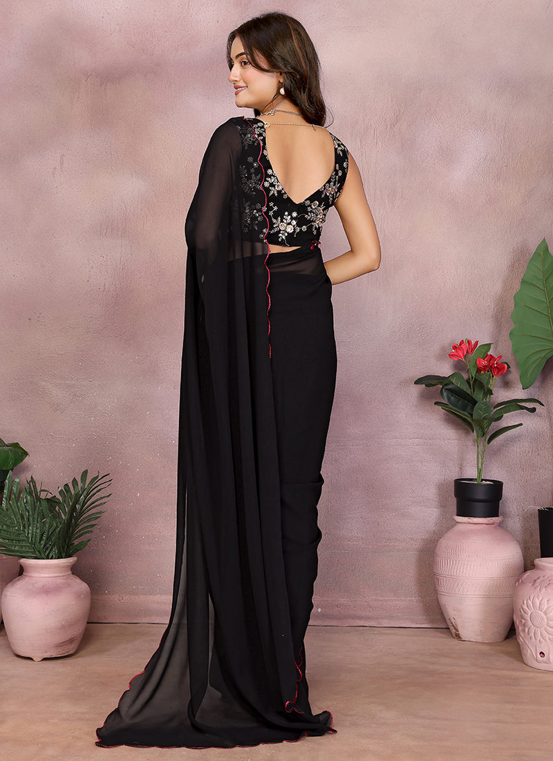 Vellora Black Georgette Sequin Work Party Wear Saree