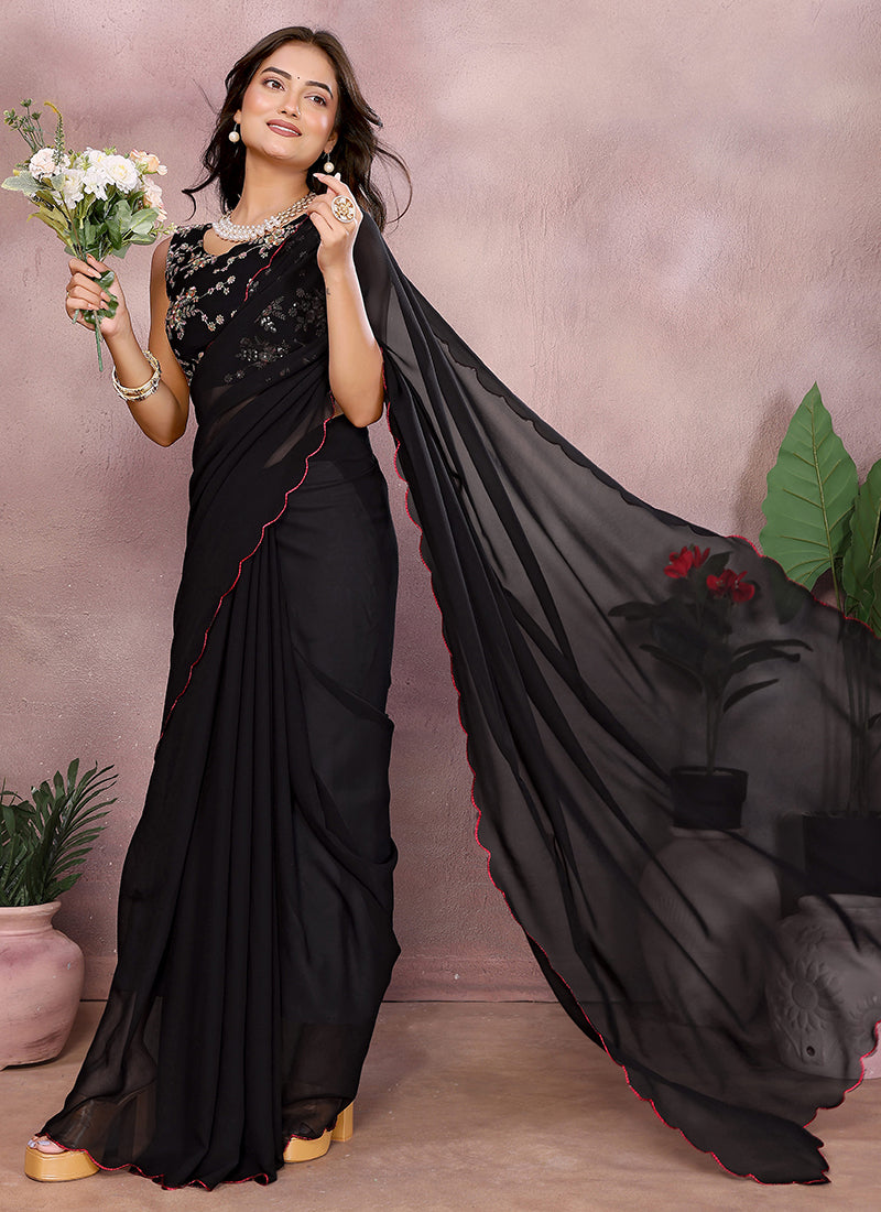 Vellora Black Georgette Sequin Work Party Wear Saree