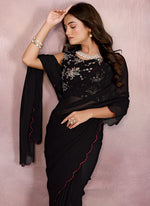Thumbnail for Vellora Black Georgette Sequin Work Party Wear Saree