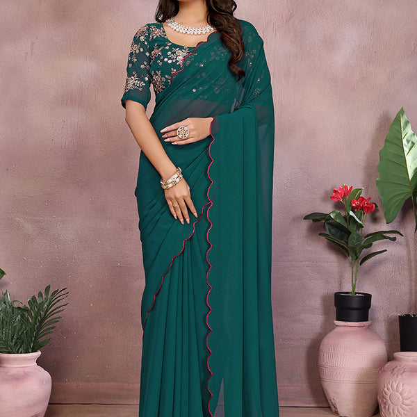 Vellora Rama Green Georgette Sequin Work Saree - Distacart
