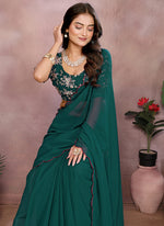 Thumbnail for Vellora Rama Green Georgette Sequin Work Saree