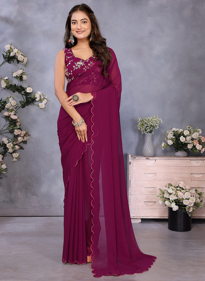 Vellora Wine Georgette Sequin Work Party Saree