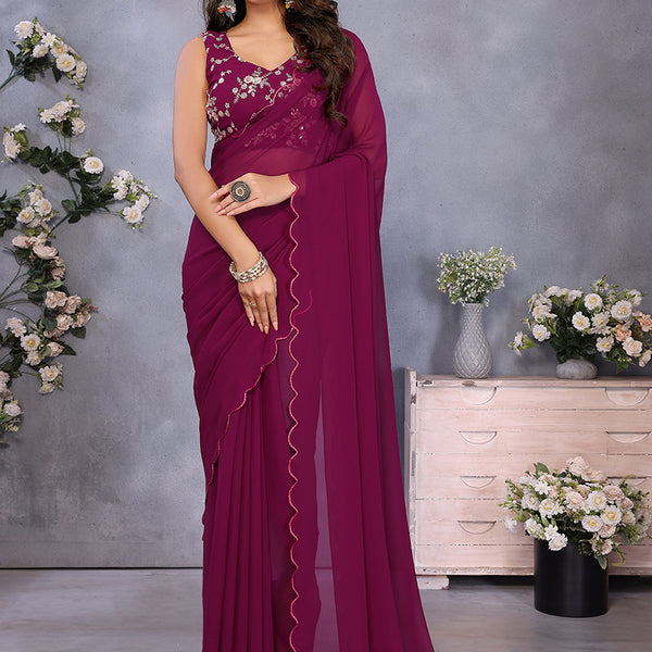 Vellora Wine Georgette Sequin Work Party Saree