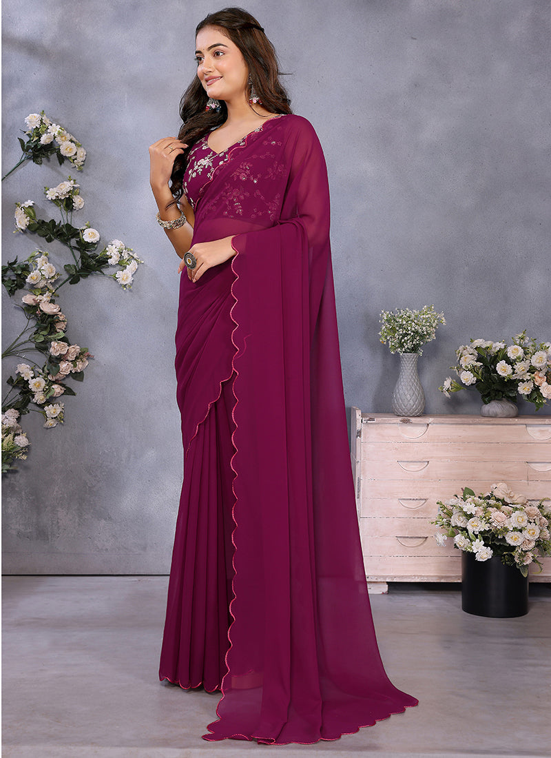 Vellora Wine Georgette Sequin Work Party Saree