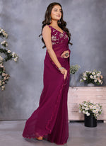 Thumbnail for Vellora Wine Georgette Sequin Work Party Saree