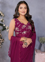 Thumbnail for Vellora Wine Georgette Sequin Work Party Saree