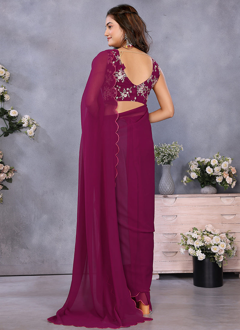 Vellora Wine Georgette Sequin Work Party Saree