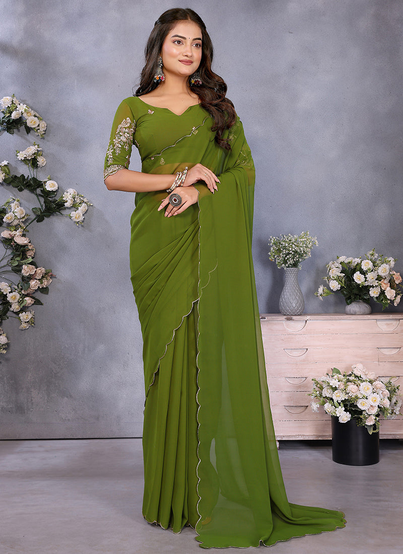 Vellora Mehendi Georgette Embroidery Zari Work Saree