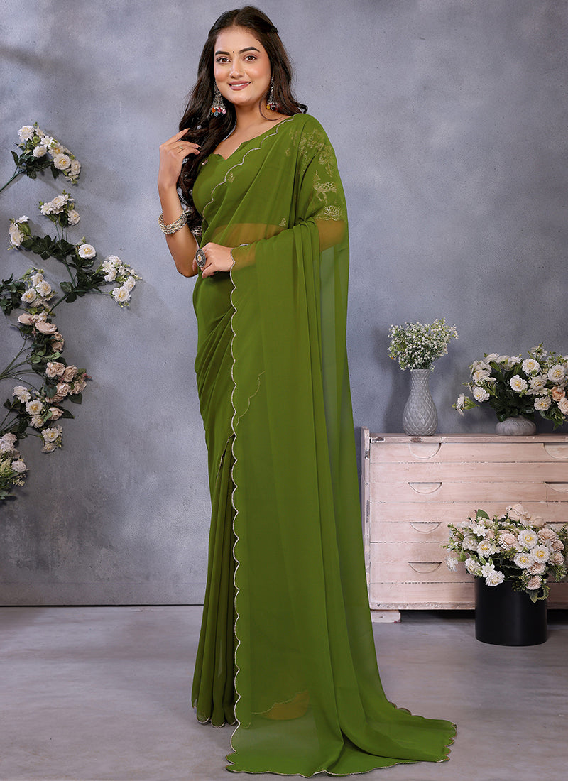 Vellora Mehendi Georgette Embroidery Zari Work Saree