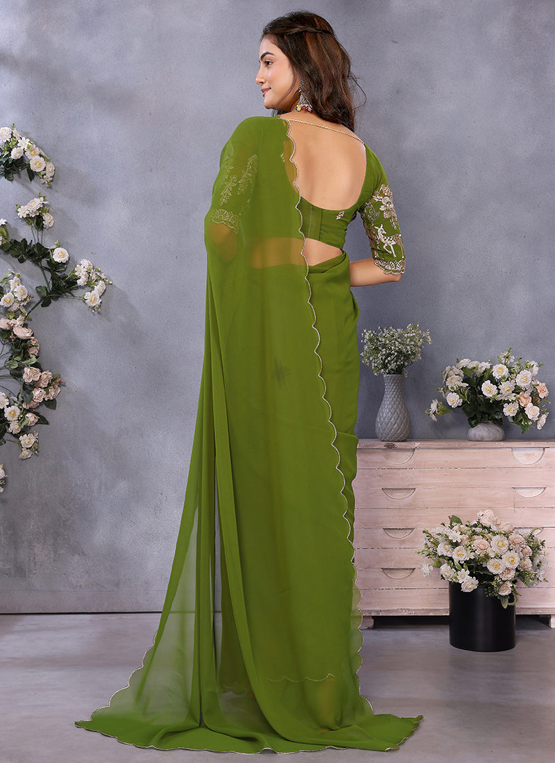 Vellora Mehendi Georgette Embroidery Zari Work Saree