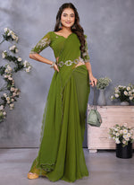 Thumbnail for Vellora Mehendi Georgette Embroidery Zari Work Saree