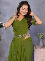 Thumbnail for Vellora Mehendi Georgette Embroidery Zari Work Saree