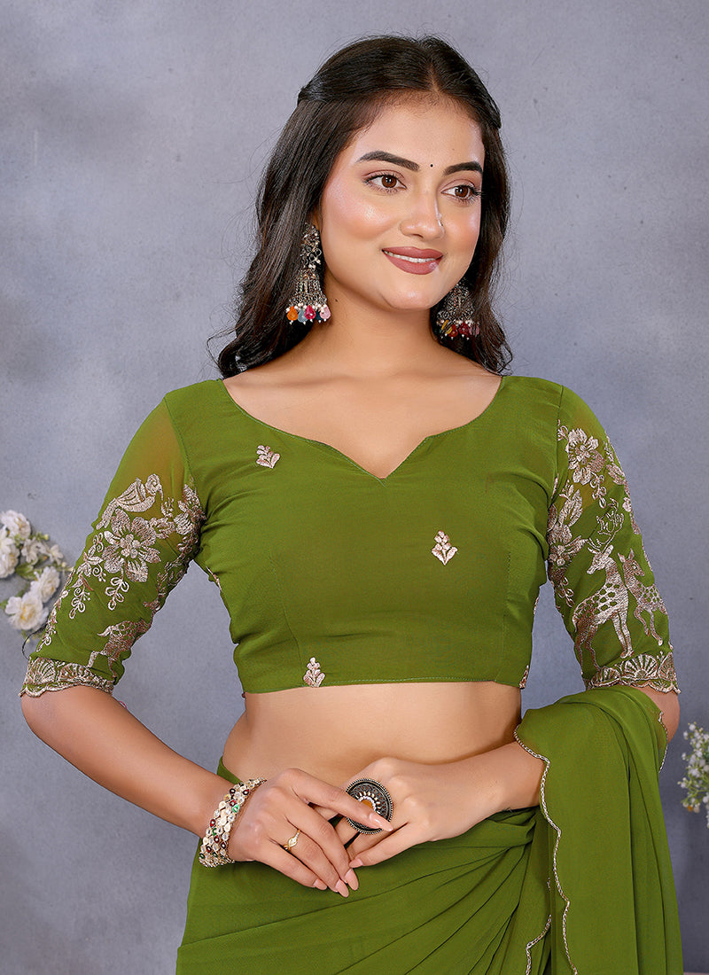 Vellora Mehendi Georgette Embroidery Zari Work Saree