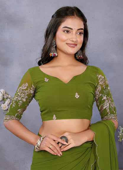 Vellora Mehendi Georgette Embroidery Zari Work Saree - Distacart