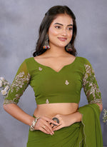 Thumbnail for Vellora Mehendi Georgette Embroidery Zari Work Saree