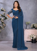 Thumbnail for Vellora Navy Blue Georgette Embroidery Zari Work Saree