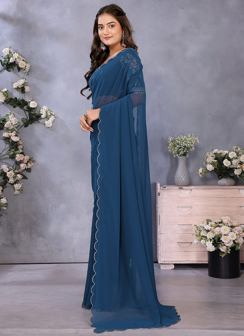 Vellora Navy Blue Georgette Embroidery Zari Work Saree