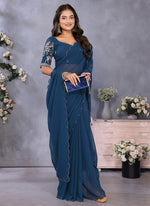 Thumbnail for Vellora Navy Blue Georgette Embroidery Zari Work Saree