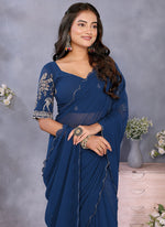 Thumbnail for Vellora Navy Blue Georgette Embroidery Zari Work Saree