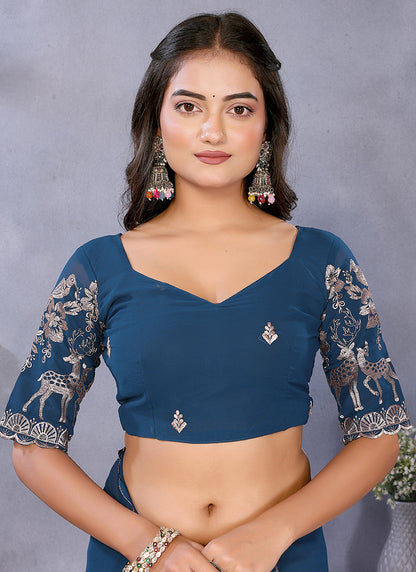Vellora Navy Blue Georgette Embroidery Zari Work Saree - Distacart
