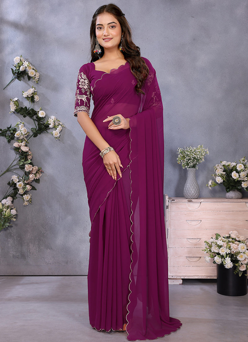 Vellora Wine Georgette Embroidery Zari Work Saree