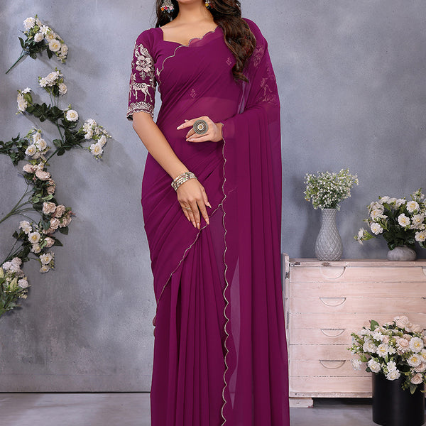 Vellora Wine Georgette Embroidery Zari Work Saree