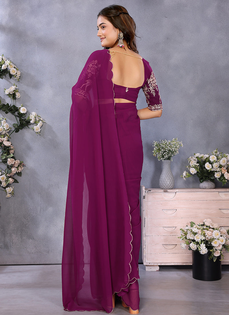 Vellora Wine Georgette Embroidery Zari Work Saree