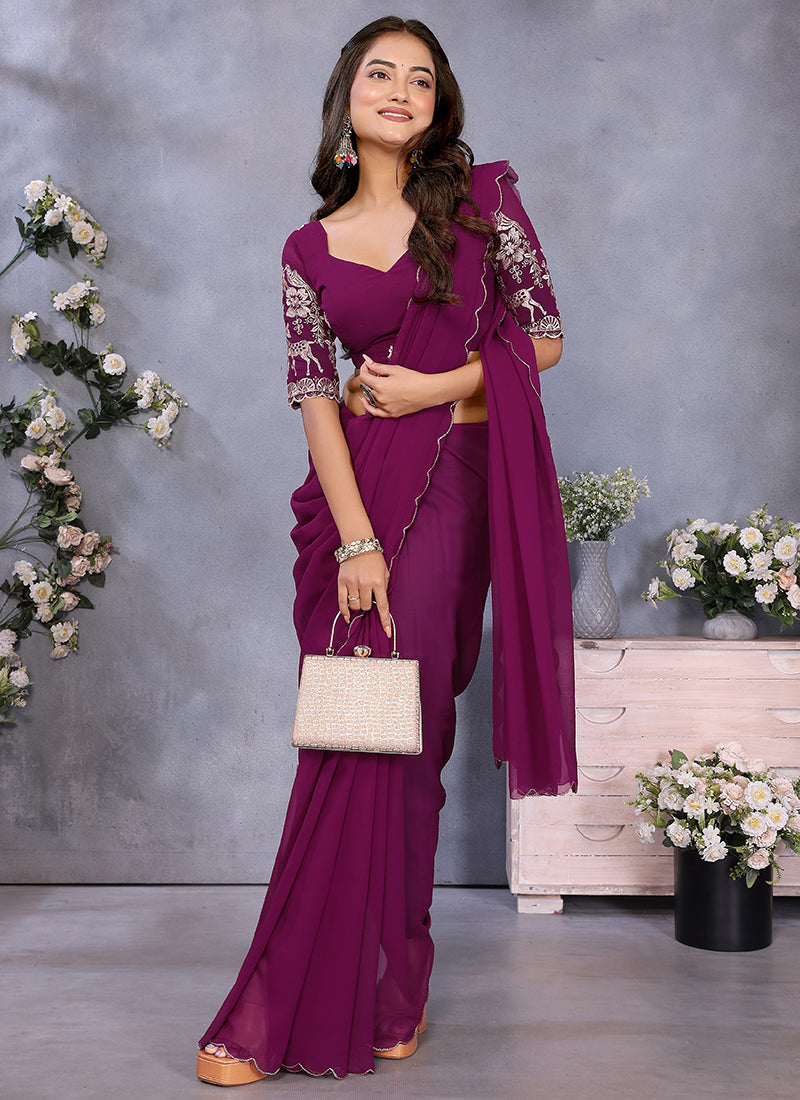 Vellora Wine Georgette Embroidery Zari Work Saree