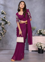 Thumbnail for Vellora Wine Georgette Embroidery Zari Work Saree