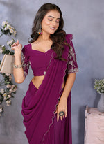 Thumbnail for Vellora Wine Georgette Embroidery Zari Work Saree