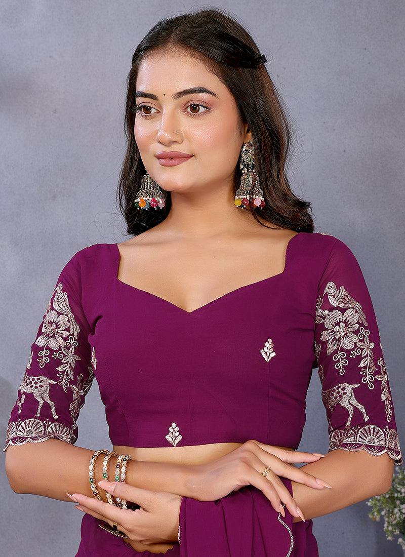 Vellora Wine Georgette Embroidery Zari Work Saree