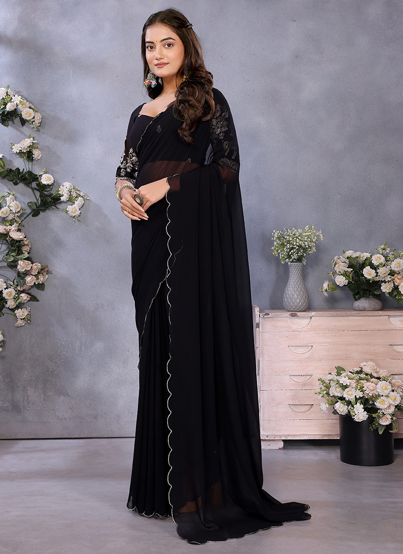 Vellora Black Georgette Embroidery Zari Work Saree
