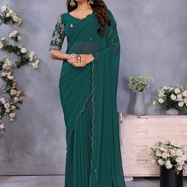 Vellora Rama Green Georgette Embroidery Zari Work Saree