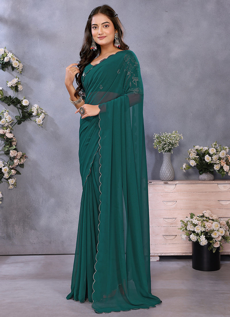 Vellora Rama Green Georgette Embroidery Zari Work Saree