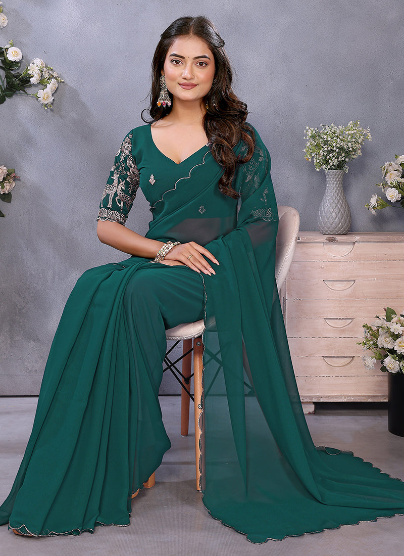 Vellora Rama Green Georgette Embroidery Zari Work Saree