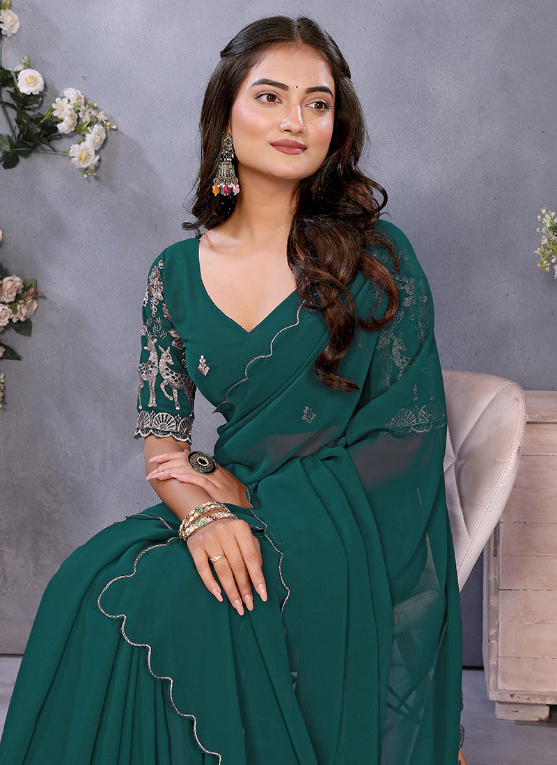 Vellora Rama Green Georgette Embroidery Zari Work Saree