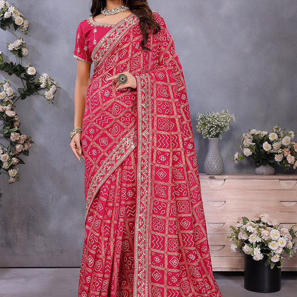 Vellora Red Vichitra Silk Foil Embroidery Codding Work Saree