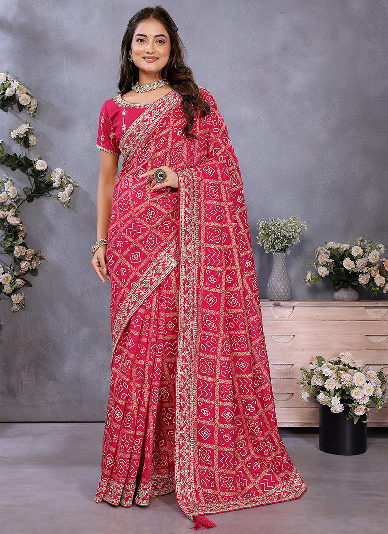 Vellora Red Vichitra Silk Foil Embroidery Codding Work Saree