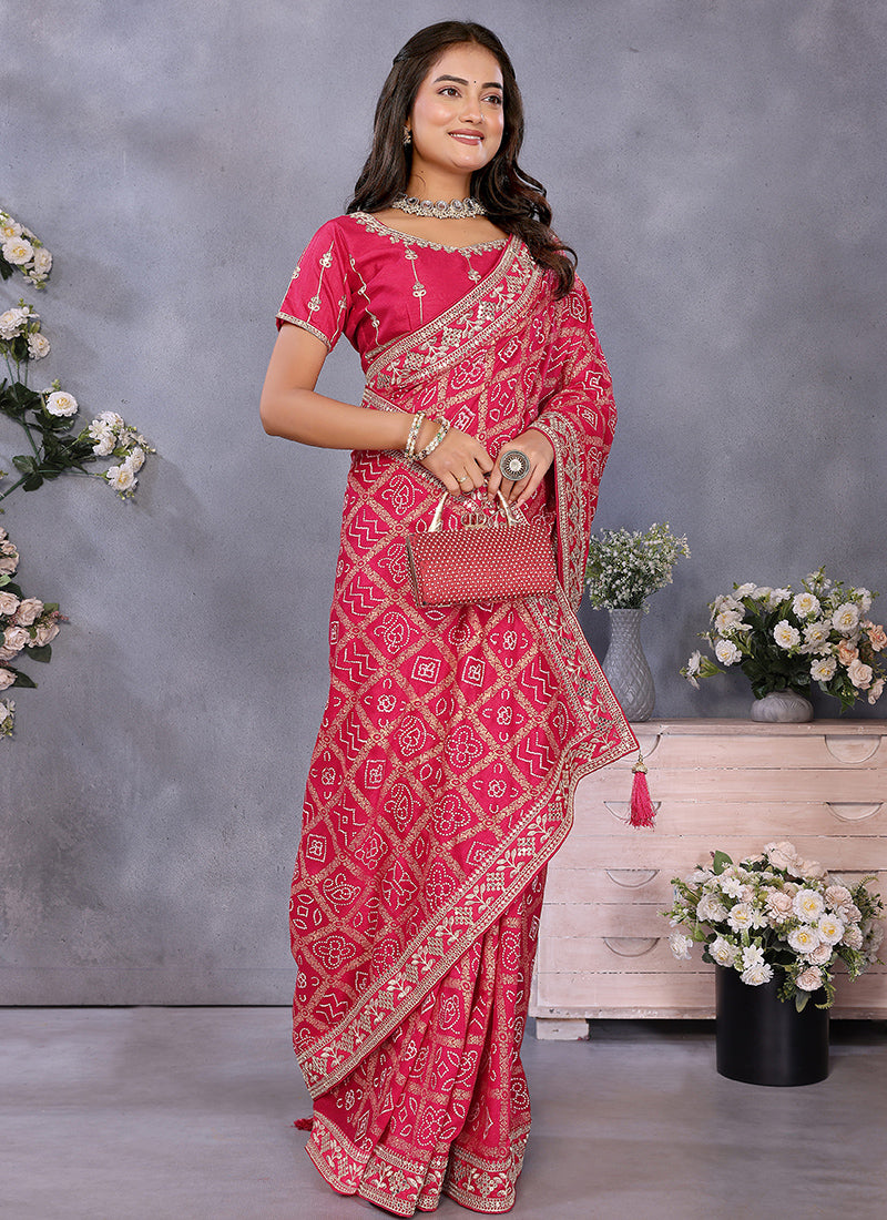 Vellora Red Vichitra Silk Foil Embroidery Codding Work Saree