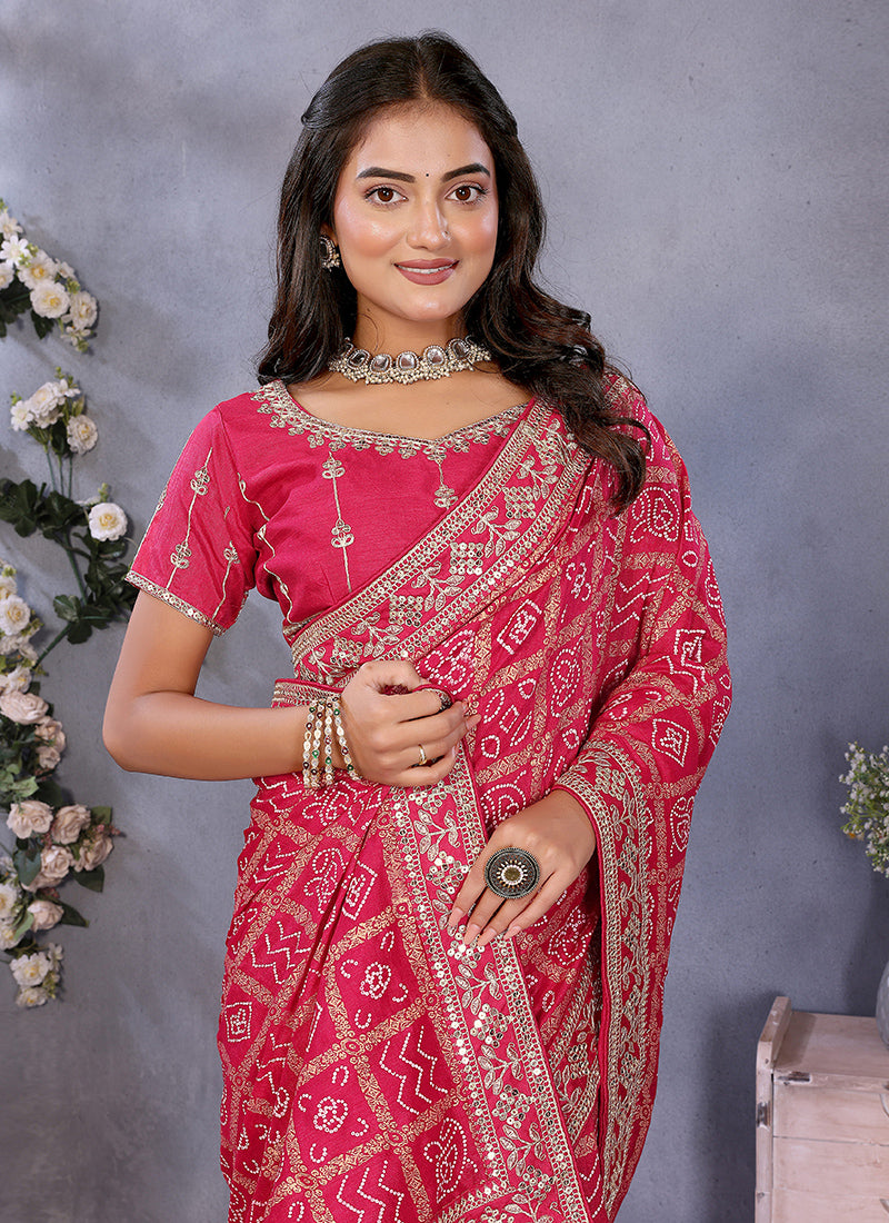 Vellora Red Vichitra Silk Foil Embroidery Codding Work Saree