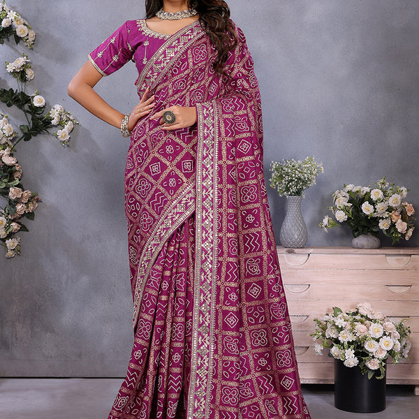 Vellora Wine Vichitra Silk Foil Embroidery Codding Work Saree