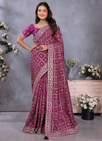 Thumbnail for Vellora Wine Vichitra Silk Foil Embroidery Codding Work Saree