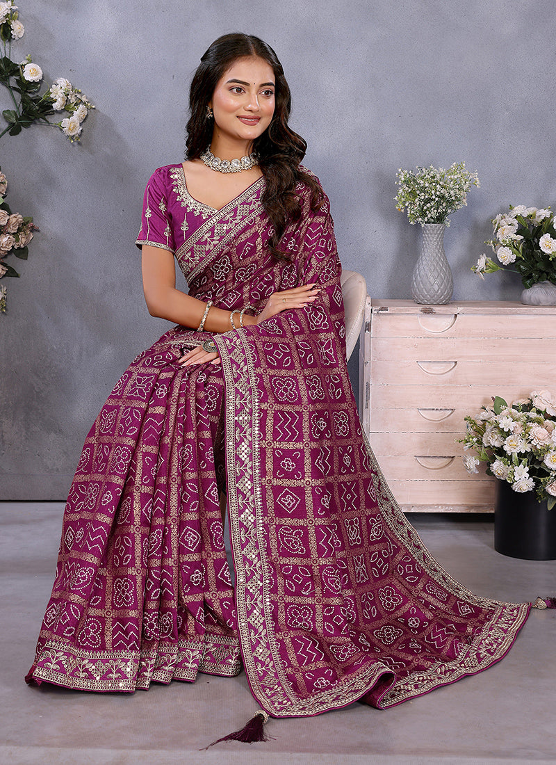 Vellora Wine Vichitra Silk Foil Embroidery Codding Work Saree