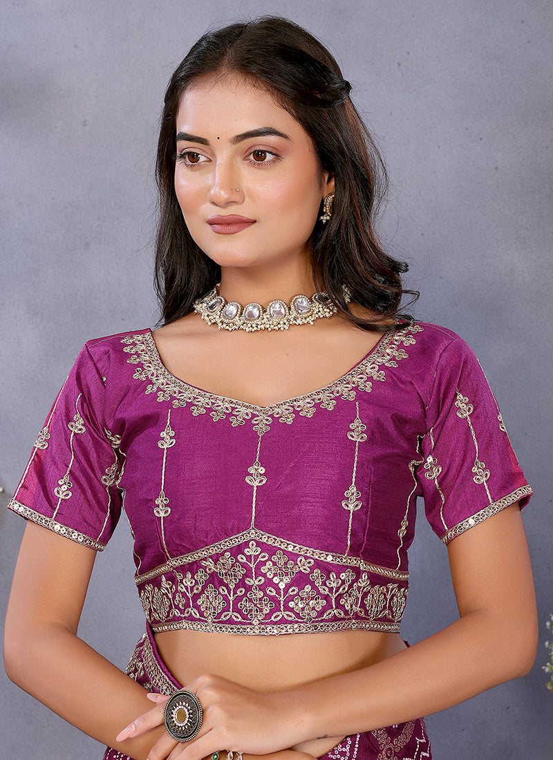 Vellora Wine Vichitra Silk Foil Embroidery Codding Work Saree