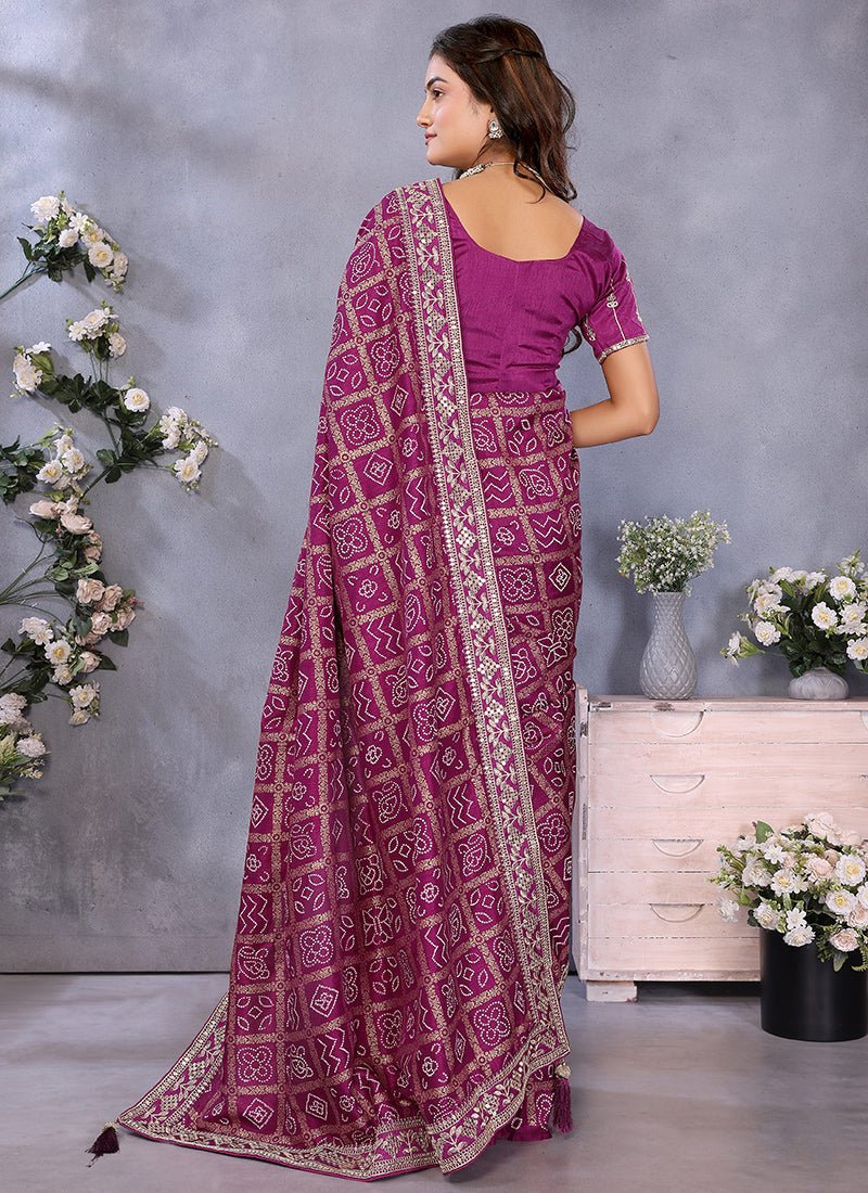 Vellora Wine Vichitra Silk Foil Embroidery Codding Work Saree