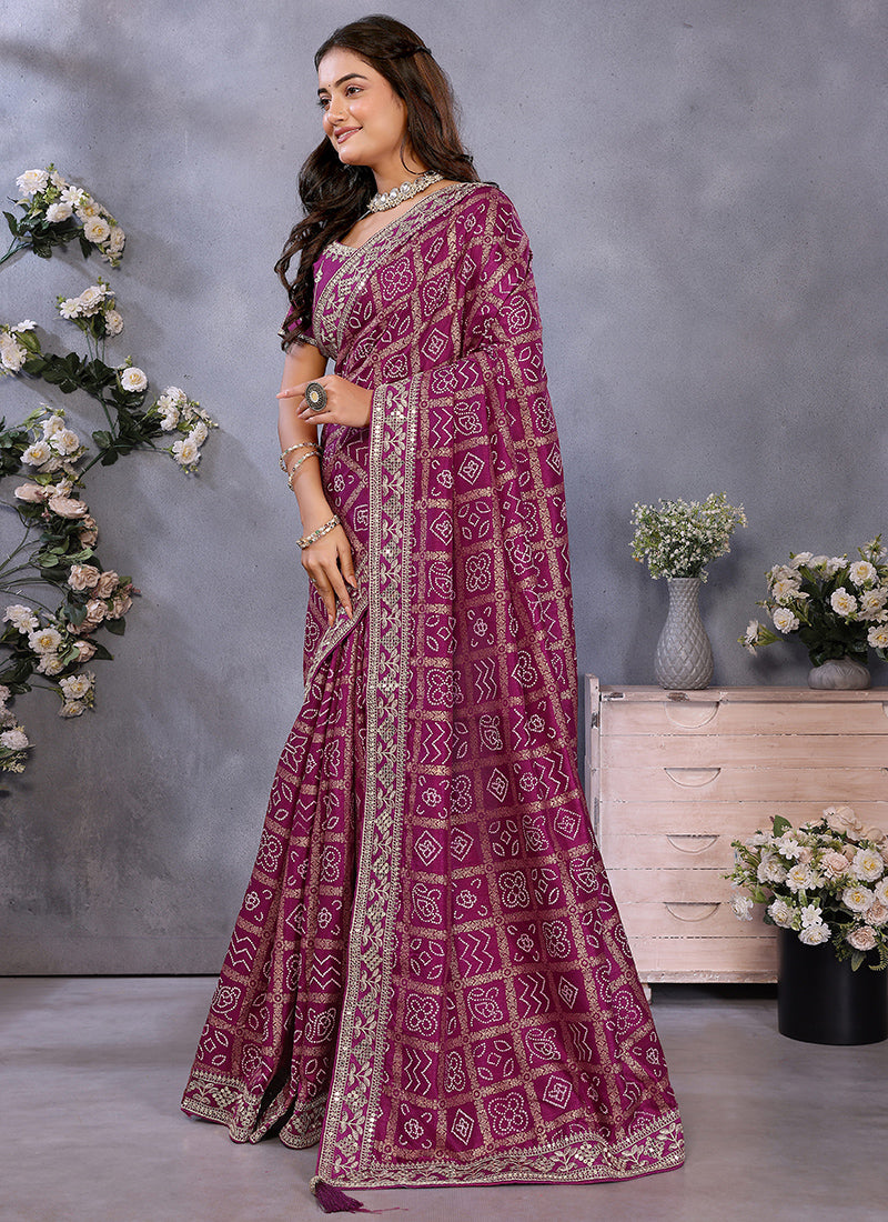 Vellora Wine Vichitra Silk Foil Embroidery Codding Work Saree